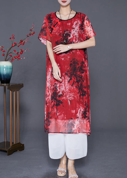 Red Print Chinesebutton Chiffon Vacation Dresses Summer