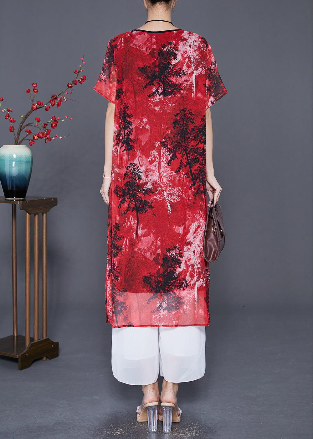 Red Print Chinesebutton Chiffon Vacation Dresses Summer