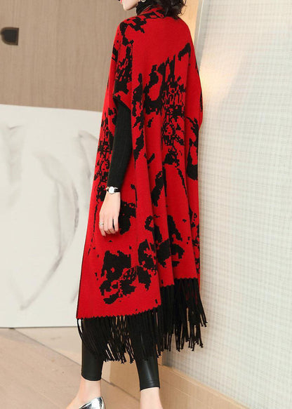 Red Print Knit Wool Long Cardigans Short Sleeve