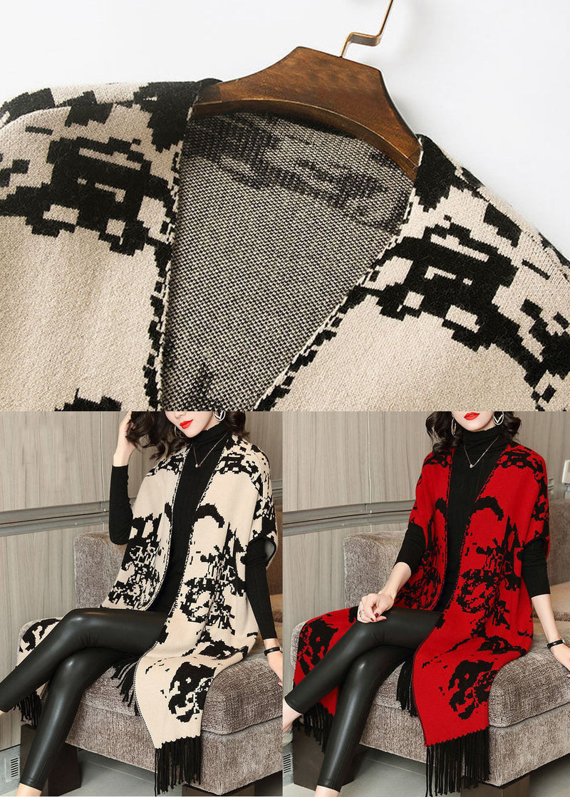 Red Print Knit Wool Long Cardigans Short Sleeve