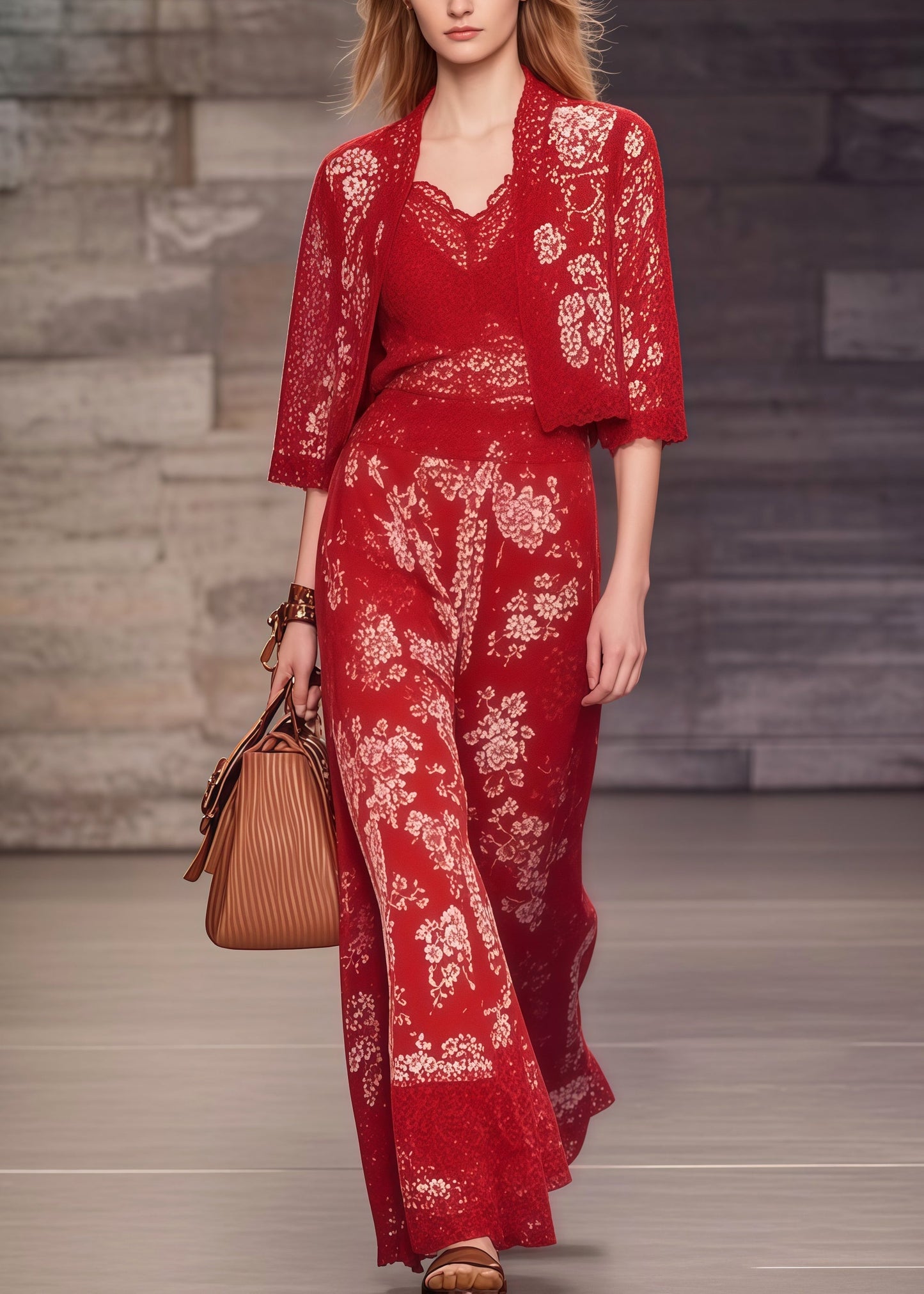 Red Print Lace Patchwork Spandex Two-piece Set Summer