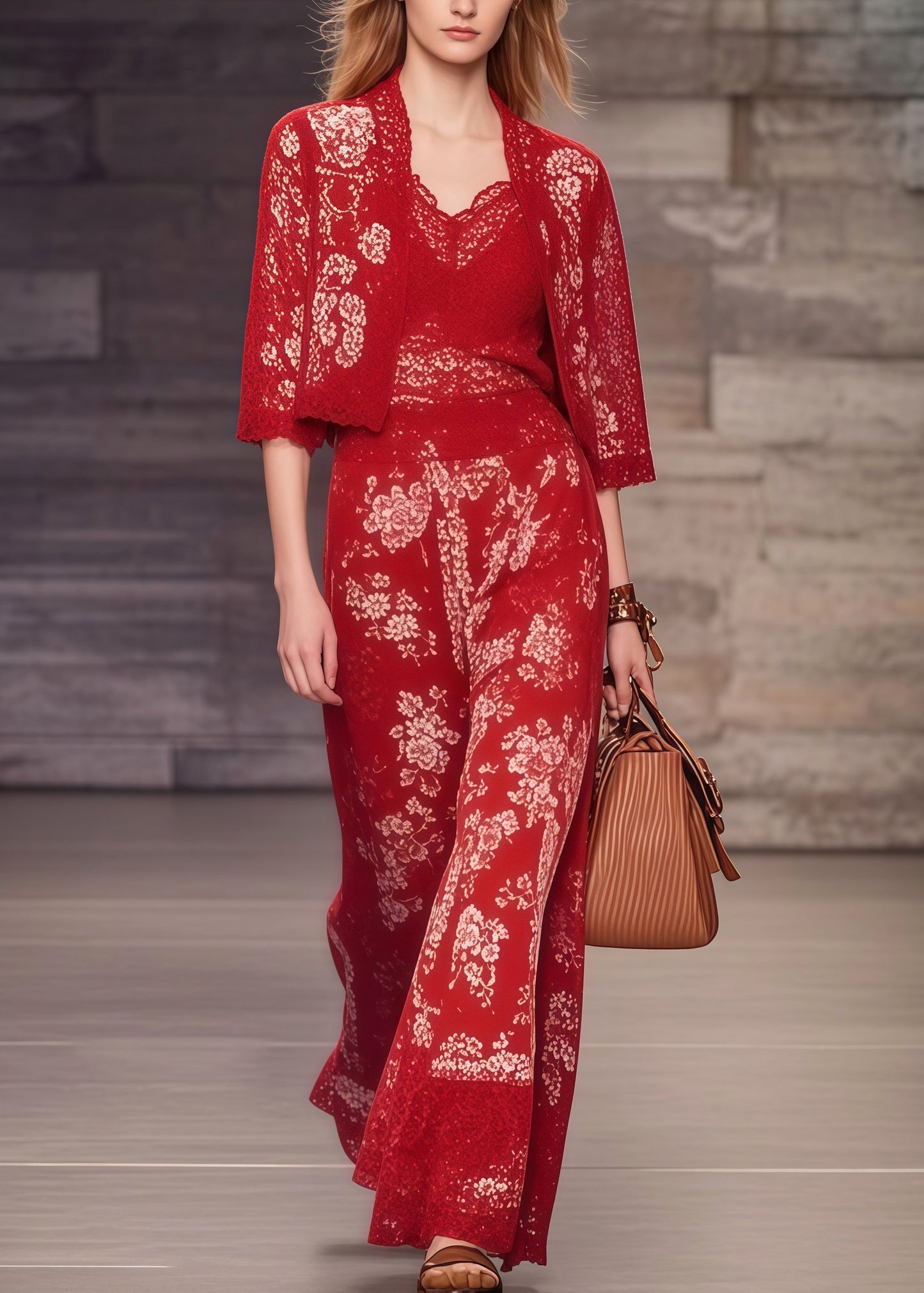 Red Print Lace Patchwork Spandex Two-piece Set Summer