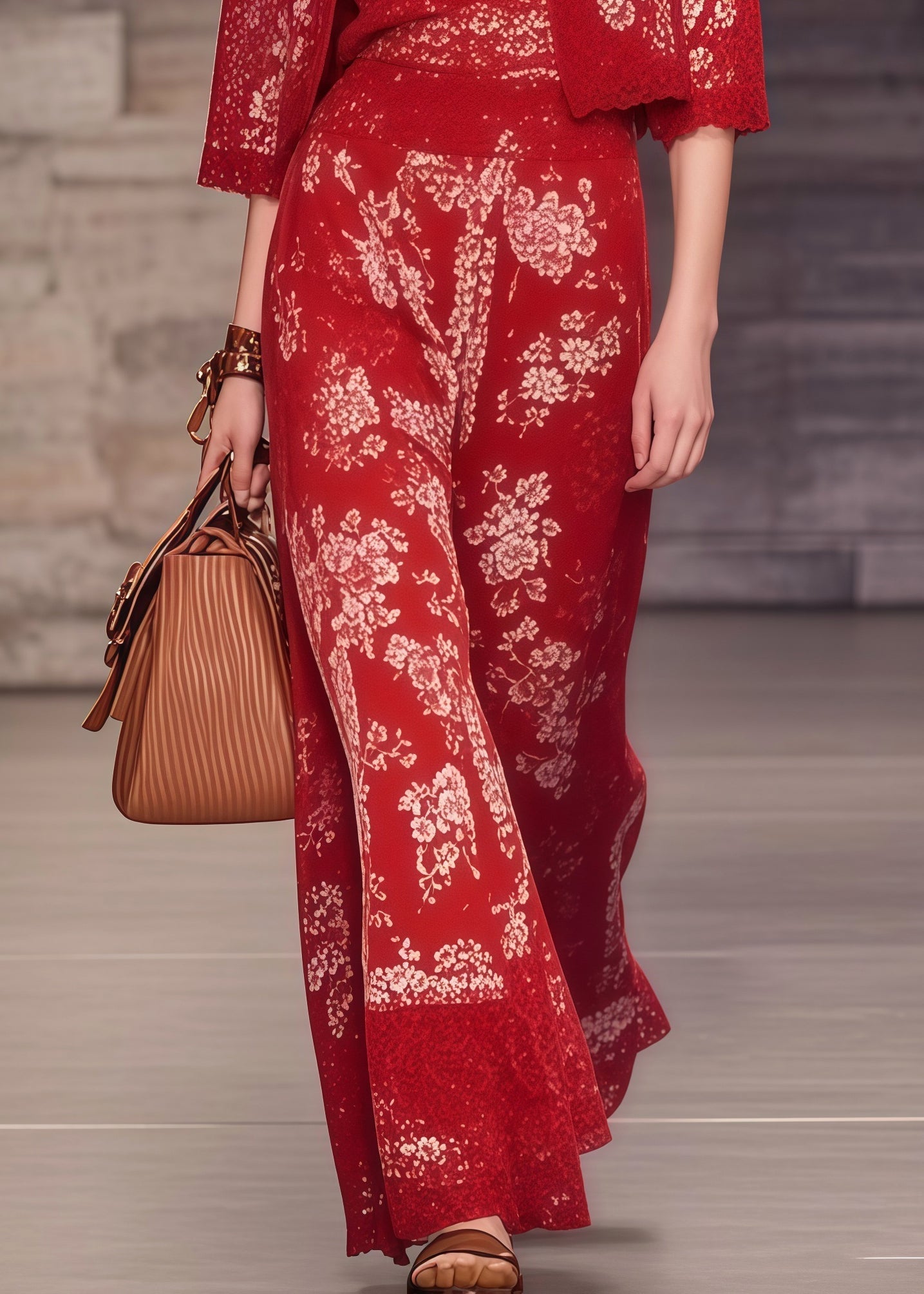 Red Print Lace Patchwork Spandex Two-piece Set Summer