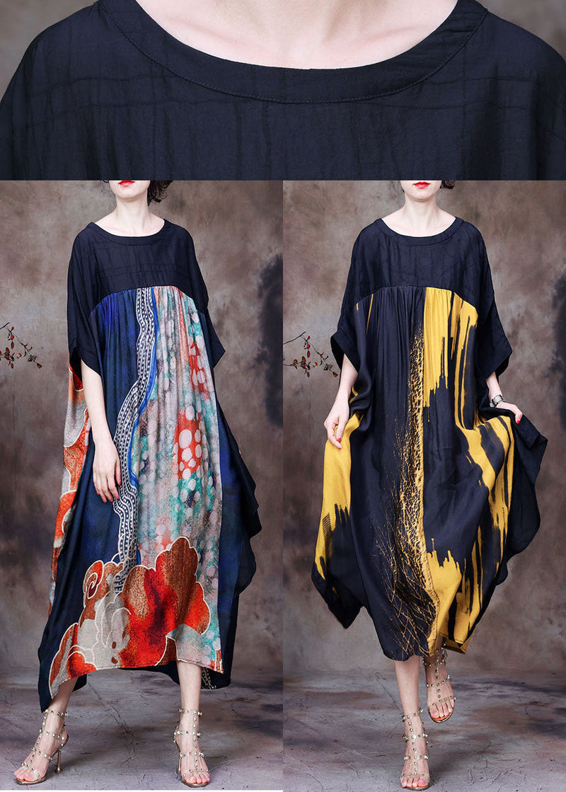Red Print O-neck Patchwork Silk Loose Long Dress Batwing Sleeve
