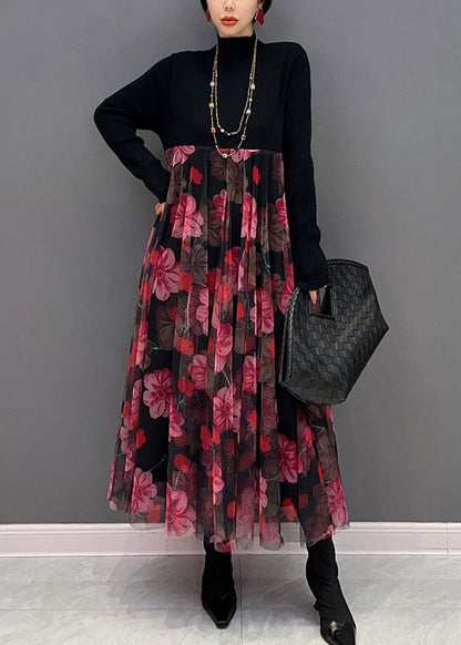 Red Print Stand Collar Patchwork Tulle Knit Long Dress Spring