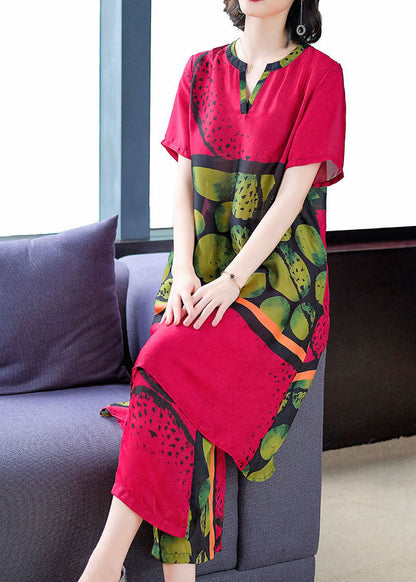 Red Print Tops and Pants Silk Two Pieces Set Summer