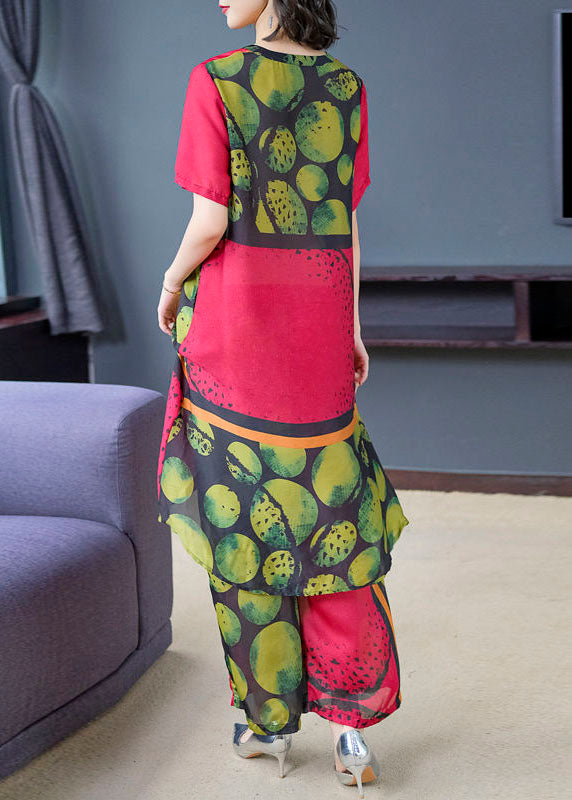 Red Print Tops and Pants Silk Two Pieces Set Summer