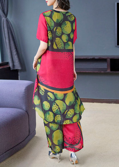 Red Print Tops and Pants Silk Two Pieces Set Summer