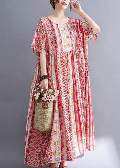 Red Print Wrinkled Long Dresses Short Sleeve