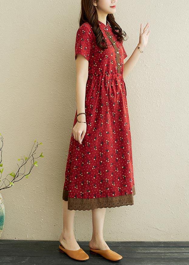 Red Print Stand Collar Robe Summer Cotton Dress