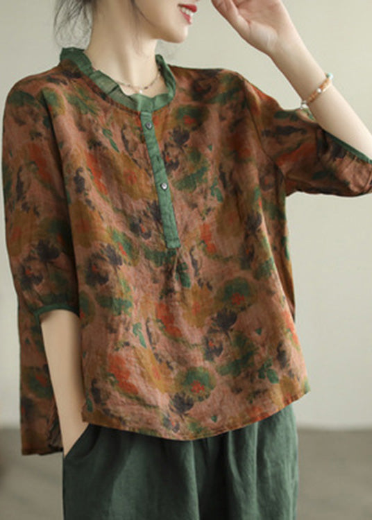 Red Ruffled Print Button Low High Design Shirt Summer