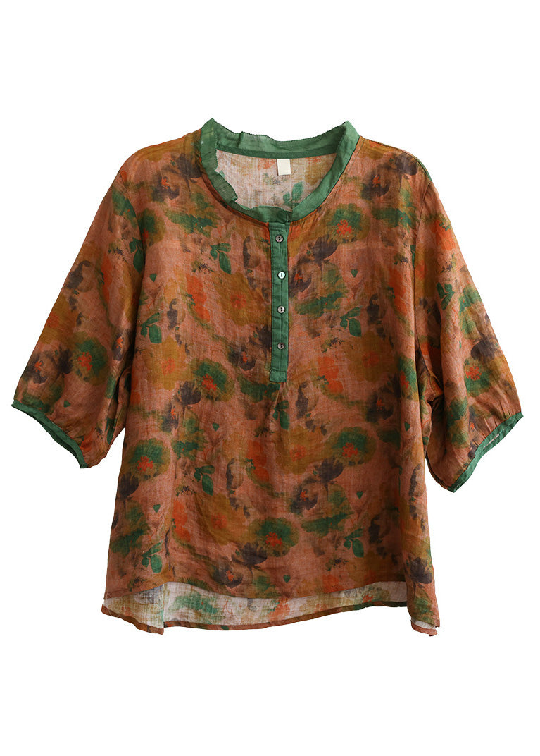 Red Ruffled Print Button Low High Design Shirt Summer
