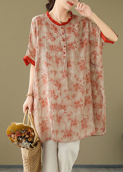 Red Ruffled Print Button Top Short Sleeve
