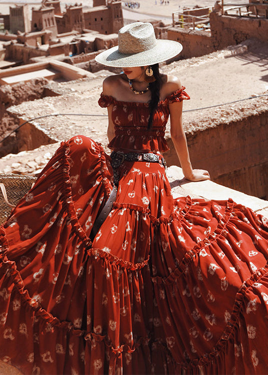Red Ruffled Print Side Open Cotton Three-piece Set Flare Sleeve