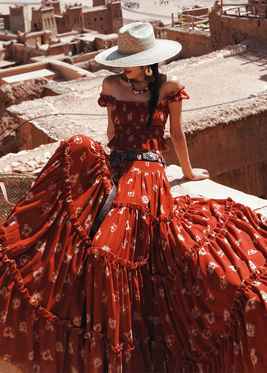 Red Ruffled Print Side Open Cotton Three-piece Set Flare Sleeve