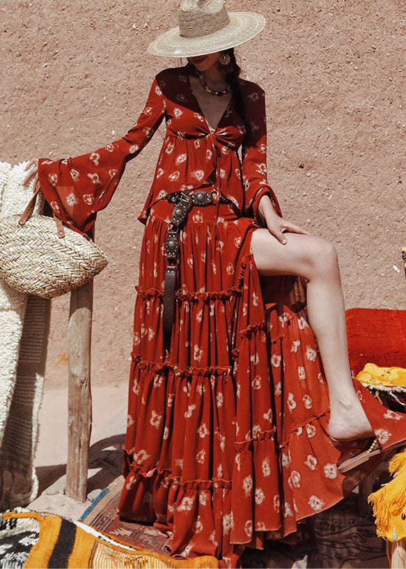 Red Ruffled Print Side Open Cotton Three-piece Set Flare Sleeve