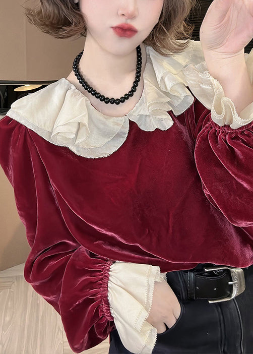 Red Ruffled Silk Velour Top Flare Sleeve