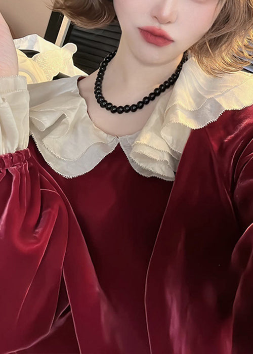 Red Ruffled Silk Velour Top Flare Sleeve
