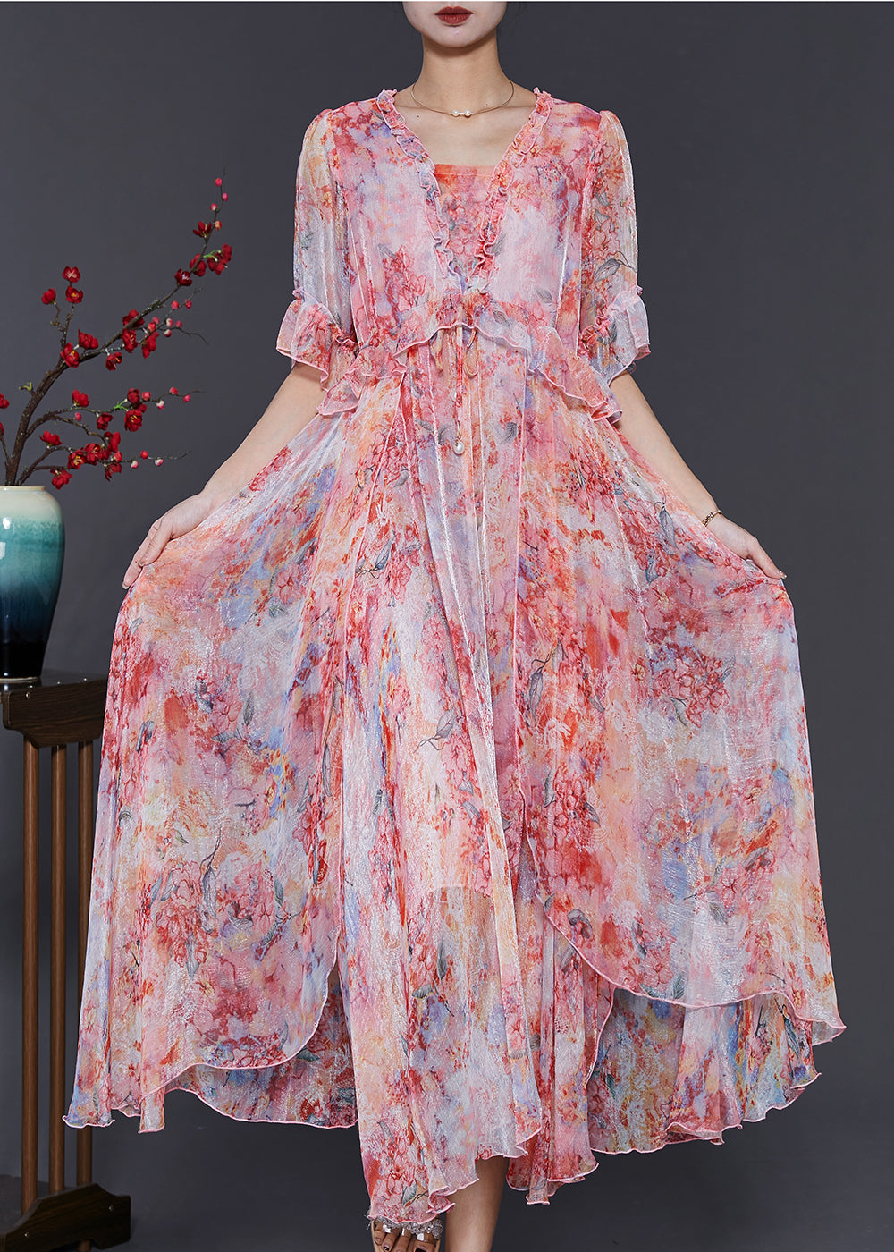 Red Ruffled Tie Dye Chiffon Robe Dresses Summer