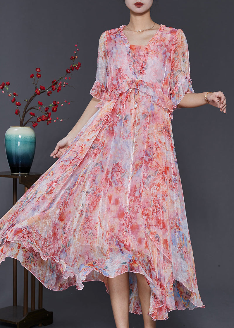 Red Ruffled Tie Dye Chiffon Robe Dresses Summer