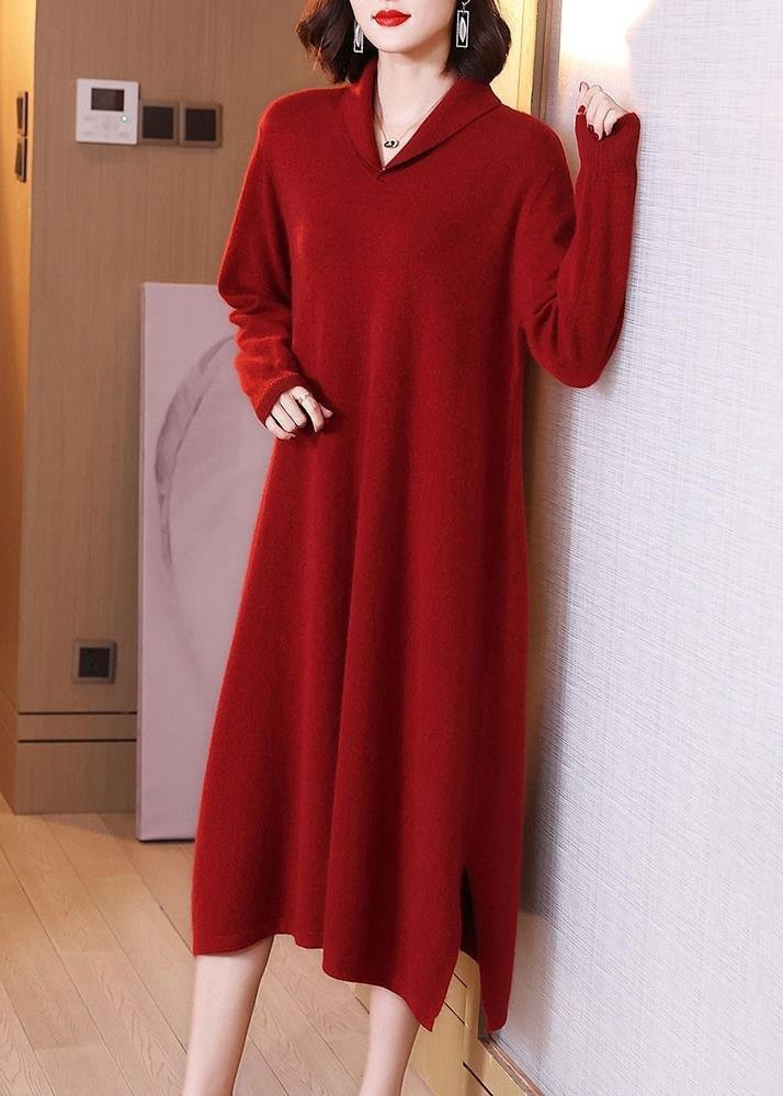 Red Side Peter Pan Collar Open Cotton Knit Dress Long Sleeve