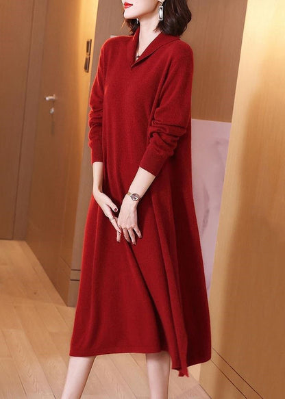 Red Side Peter Pan Collar Open Cotton Knit Dress Long Sleeve