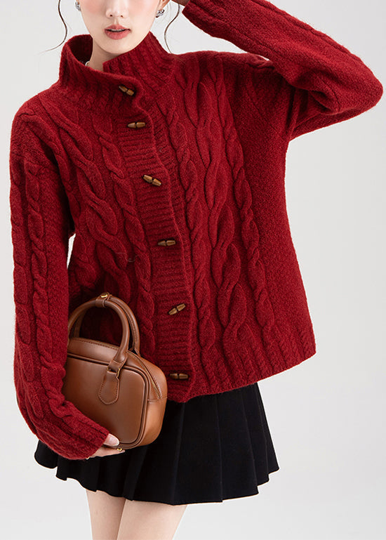 Red Stand Collar Button Cable Knit Coat Winter