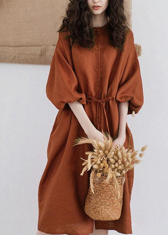 Red Stand Collar Drawstring Patchwork Linen Dresses Summer