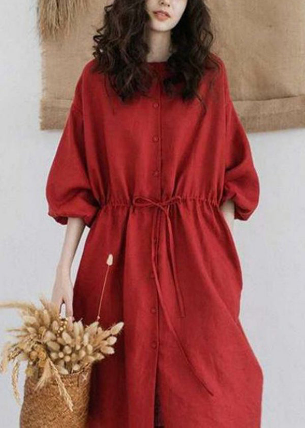 Red Stand Collar Drawstring Patchwork Linen Dresses Summer