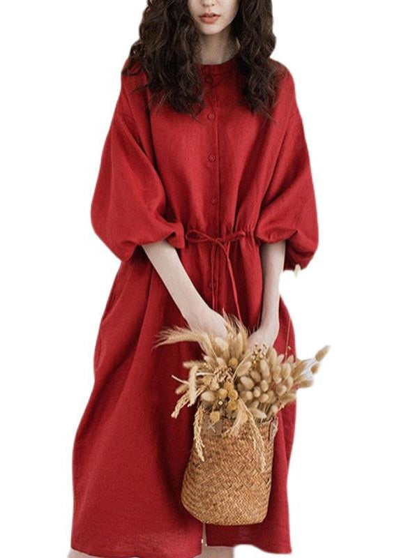 Red Stand Collar Drawstring Patchwork Linen Dresses Summer
