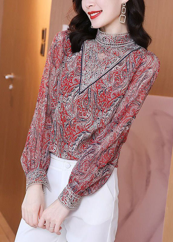 Red Stand Collar Embroideried Print Chiffon Top Lantern Sleeve