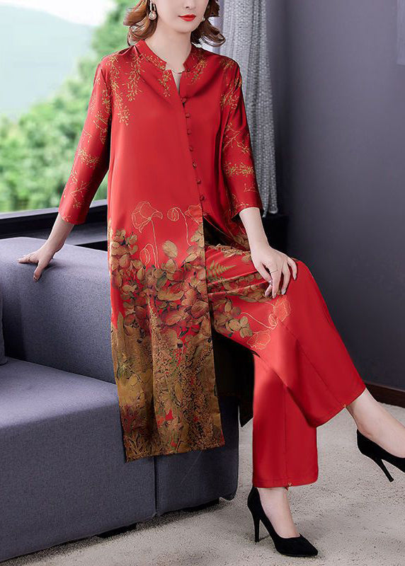 Red Stand Collar Print Draping Silk Two Pieces Set Summer