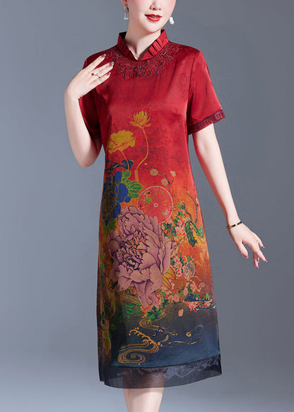 Red Stand Collar Print Silk Dress Short Sleeve