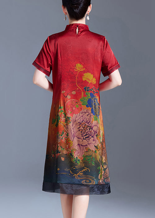 Red Stand Collar Print Silk Dress Short Sleeve