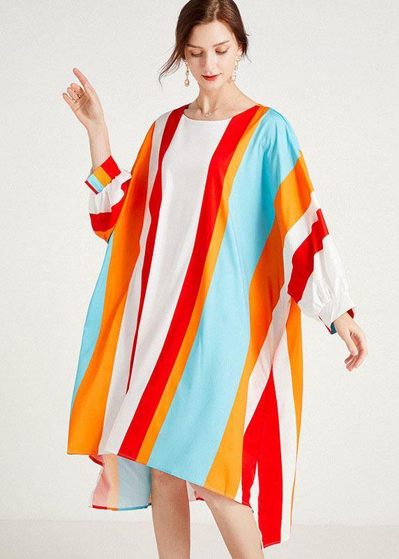 Red Striped O-neck Asymmetrical Design Summer Long Dress Sleeve