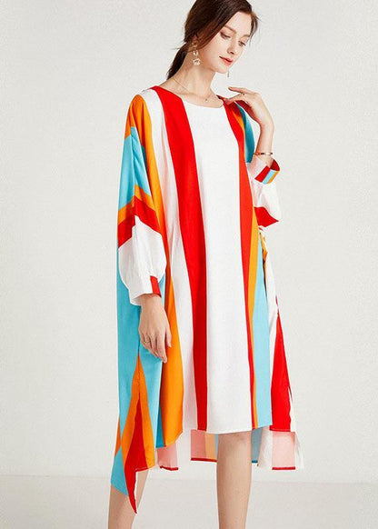 Red Striped O-neck Asymmetrical Design Summer Long Dress Sleeve