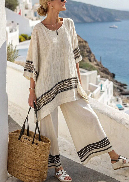Red Striped Patchwork T Shirts and Wide Leg Pants Two Pieces Set Half Sleeve