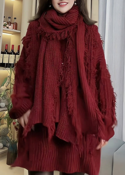 Red Tassel Patchwork Knitted Sweaters Spring