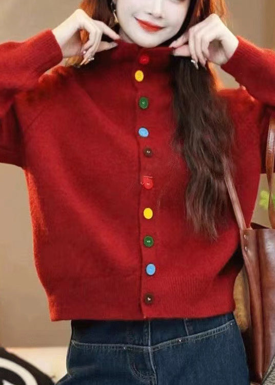 Red Turtleneck Button Knit Sweaters Winter