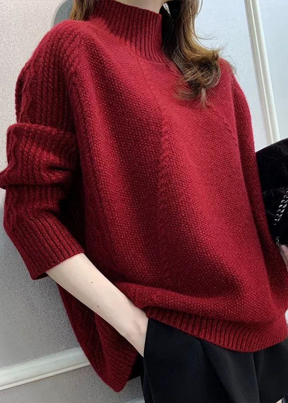Red Turtleneck Cozy Cotton Knit Sweater Fall