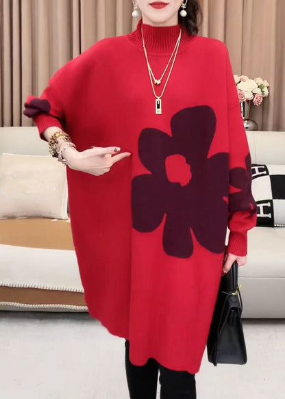 Red Turtleneck Cozy Knit Sweater Dress Winter