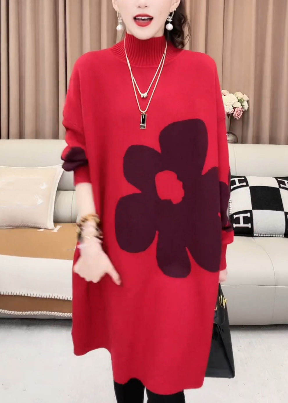 Red Turtleneck Cozy Knit Sweater Dress Winter