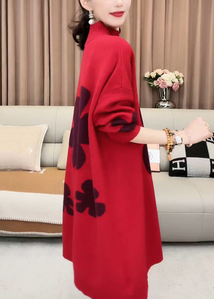 Red Turtleneck Cozy Knit Sweater Dress Winter
