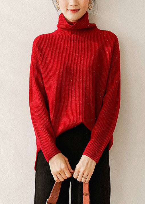 Red Turtleneck Cozy Knit Sweaters Long Sleeve