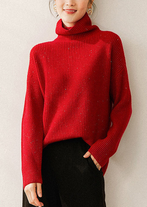 Red Turtleneck Cozy Knit Sweaters Long Sleeve