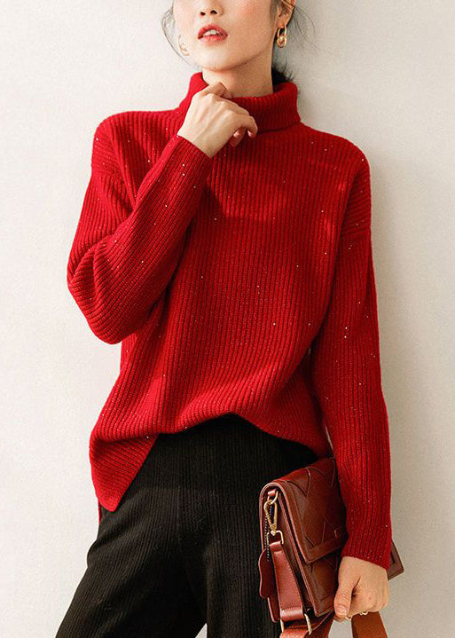 Red Turtleneck Cozy Knit Sweaters Long Sleeve