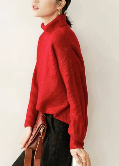 Red Turtleneck Cozy Knit Sweaters Long Sleeve