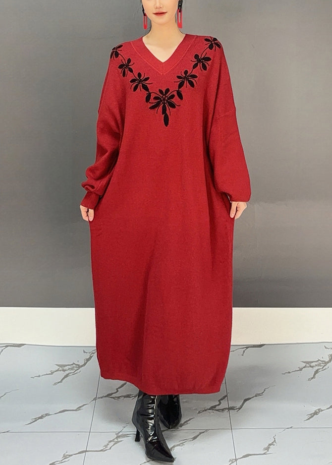 Red V Neck Embroidered Knit Sweater Dress Spring