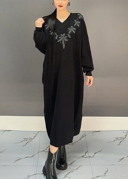 Red V Neck Embroidered Knit Sweater Dress Spring