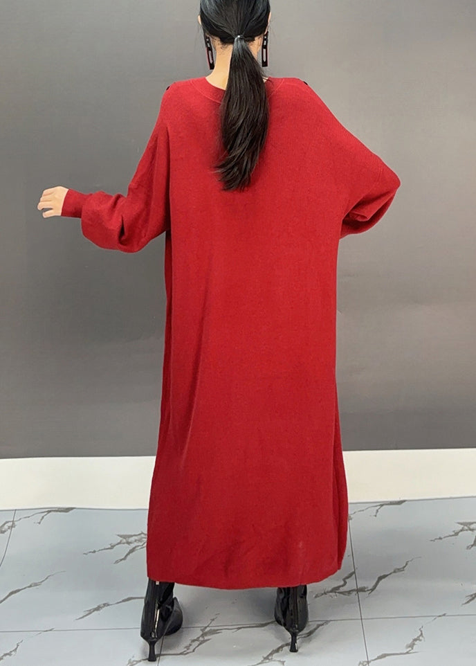 Red V Neck Embroidered Knit Sweater Dress Spring